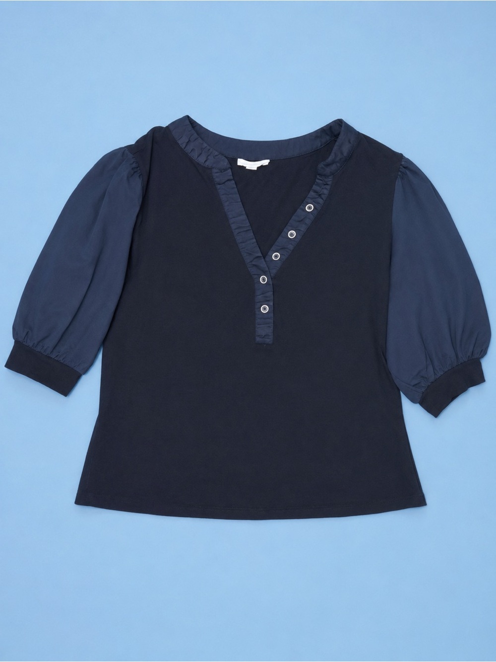 Riley & Rae Navy Puff-Sleeve Henley Blouse